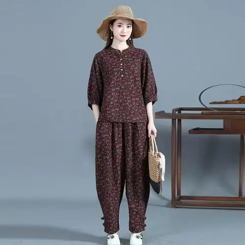 民族风套装两件套大码春夏新款复古印花七分袖棉麻中年女装时尚