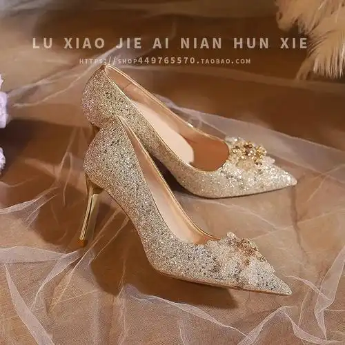 新娘鞋2024年新款女秀禾主婚纱珍珠水晶法式日常配裙子高跟鞋婚鞋