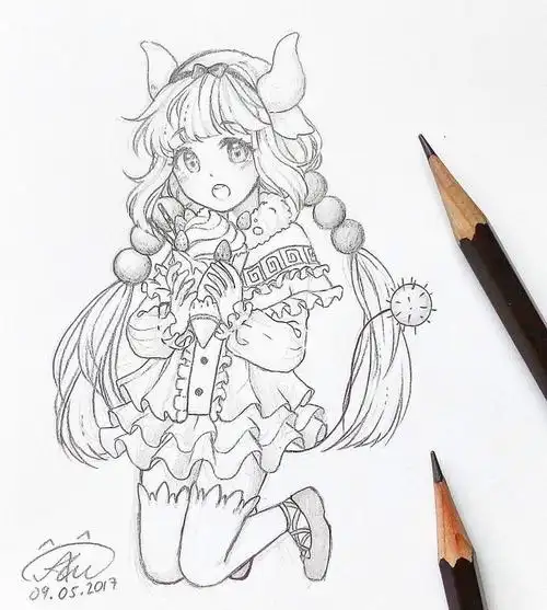 铅笔手绘,卡通动漫女孩线稿,细节处画的超精致,可爱的金牛女孩