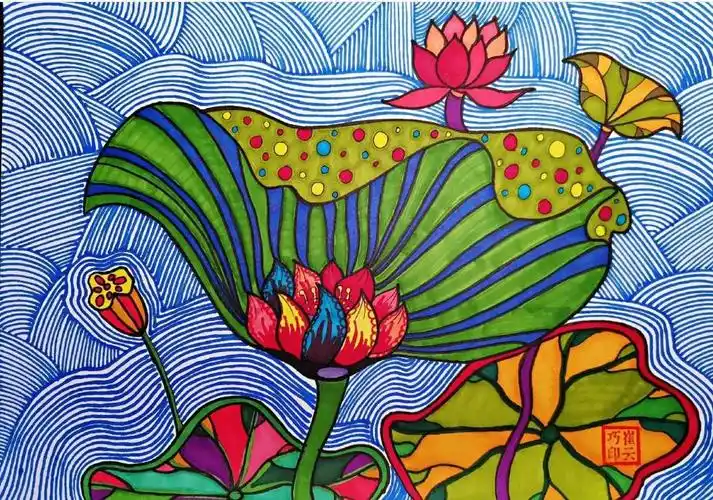 一幅《小鱼水中游》 然后图上大体颜色 我的第一幅彩色线条画就完成啦