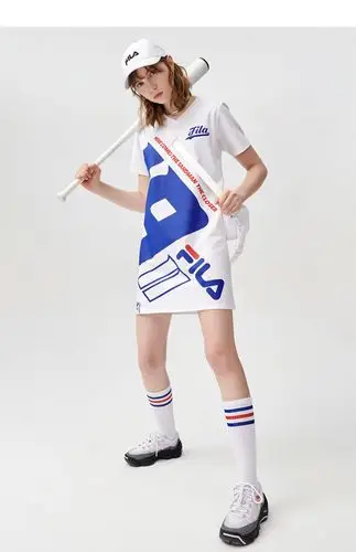 fila fusion斐乐潮牌针织连衣2021夏季新品时尚logo中长款t恤v领女