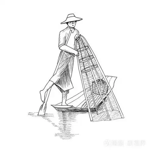 亚洲渔人站在船上用网捕鱼