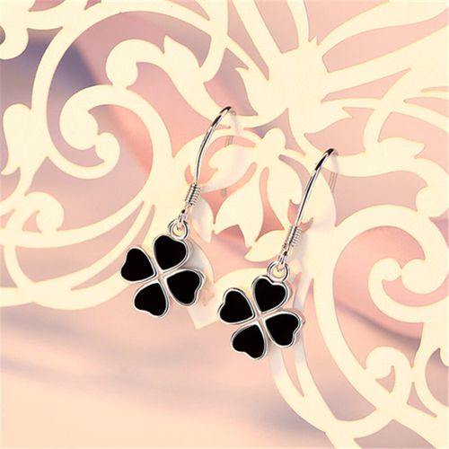 925纯银四叶草滴胶耳环女个性时尚耳钉韩版气质简约耳坠黑色耳饰