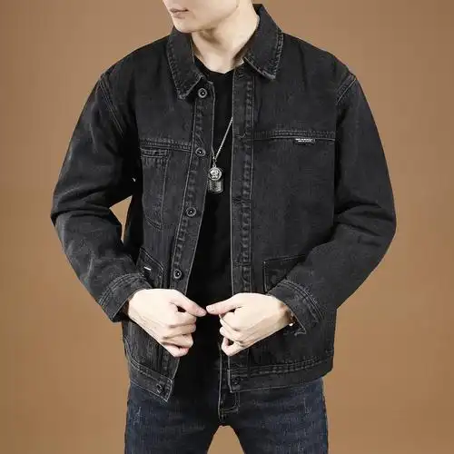 港版黑色高支重磅工装牛仔外套男士秋季新款宽松美式翻领夹克