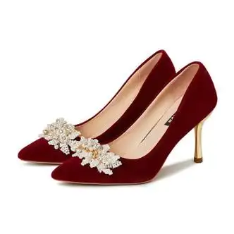 新款秀禾服婚纱两穿新娘鞋结婚尖头红色高跟鞋酒红细跟8cm绒面材质34