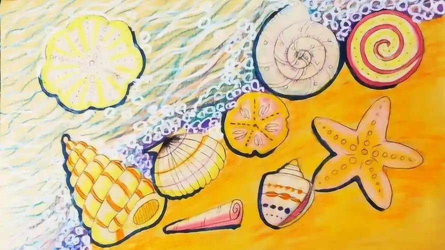 儿童画沙滩上的贝壳油画棒画也可以很漂亮