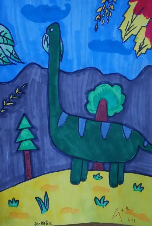 《恐龙世界》三年级美术课堂作业