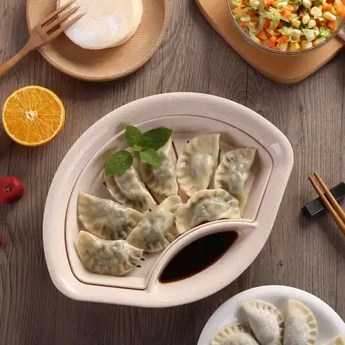 小麦秸秆饺子盘带醋碟水饺盘创意扇形餐盘水果盘厨房双层沥水盘