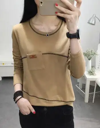 新款春装社会女上衣宽松长袖t恤女装韩版春季衣服百搭打底衫 浅棕色 m