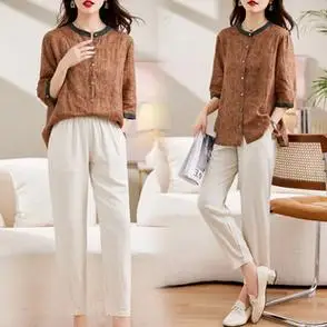 两件套高端棉麻套装2024夏装苎麻女装女装休闲复古碎花衣配阔腿裤