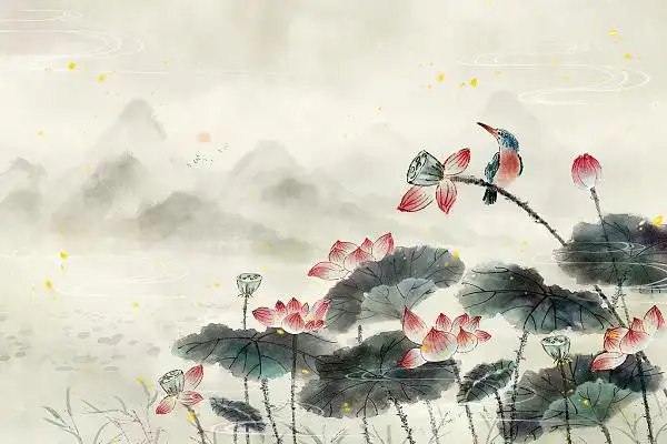 古风山水荷花翠鸟风景夏天植物花鸟中国风水墨水彩手绘国画背景古风