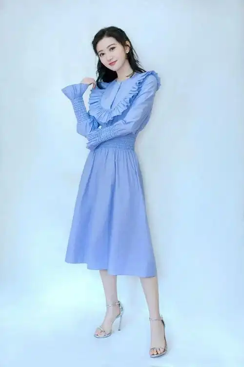 景甜蓝色束腰连衣裙优雅写真