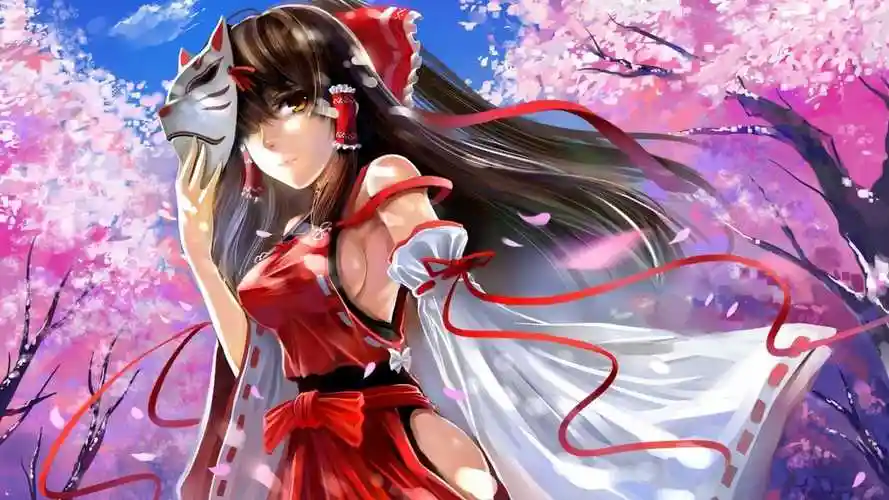 博丽灵梦,女孩,面具,樱花,天空,动漫主题壁纸