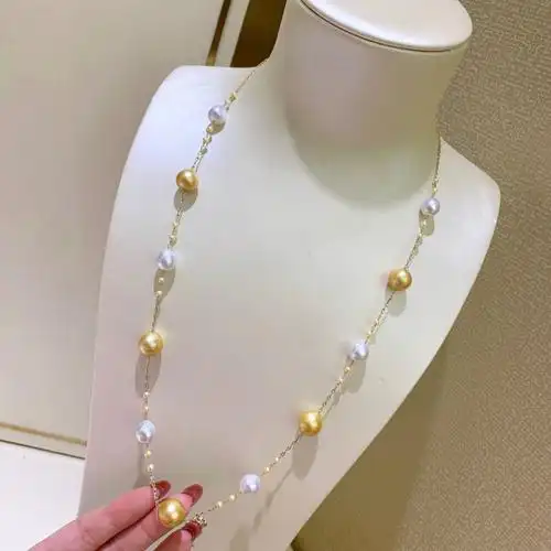 混色间隔满天星珍珠项链 天然淡水珍珠混彩白金珍珠长款链毛衣链