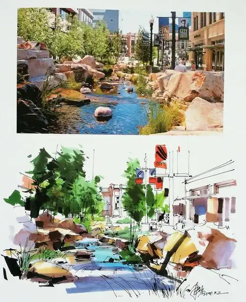 园林景观小品线稿及手绘效果图