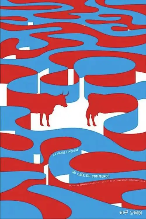 这张海报当中,大量运用了红蓝相间的颜色重复,看似错综复杂,但是因为