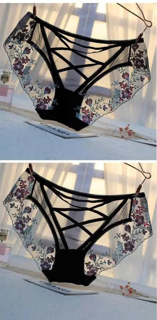 欧美性感交叉绑带蕾丝内裤女透明诱惑镂空刺绣莲花低腰网纱三角裤性感