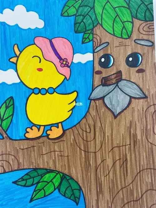 儿童画美术大树和小鸡127