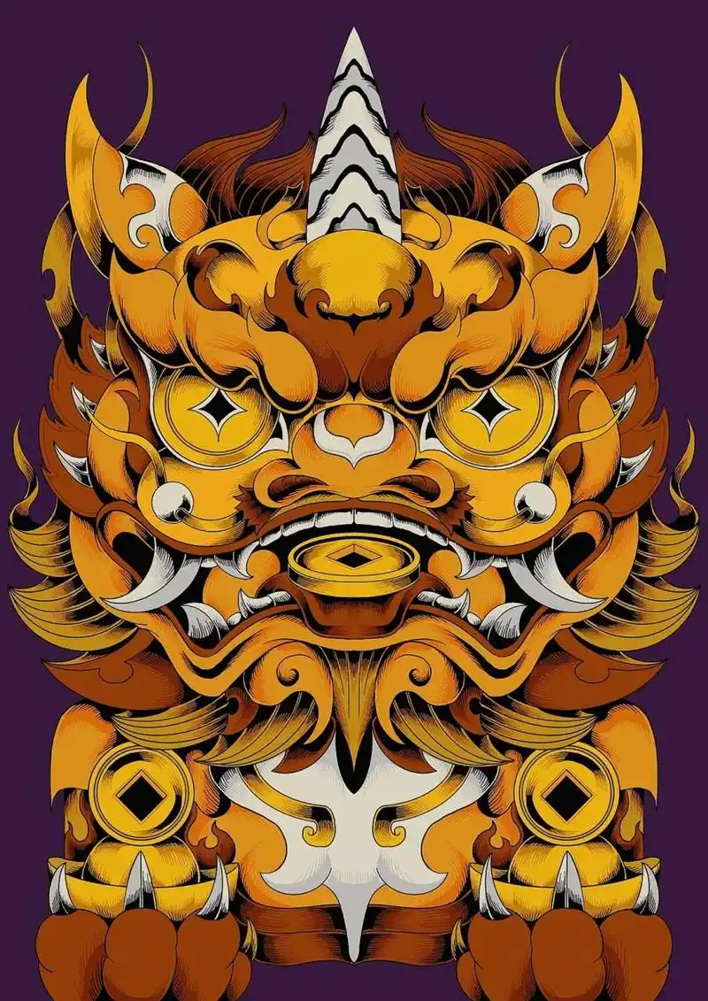 黄金貔貅/貔貅国潮插画绘制 画一个招财的黄金貔貅 下雨天,貔貅和招财