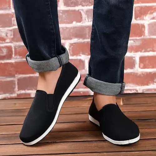 老北京布鞋男秋透气薄款传统千层底黑布鞋一脚脚蹬布鞋