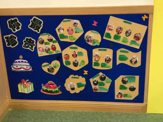 老师还在教室做了一面生日墙,每个小朋友都在上面,同一个月生日的小