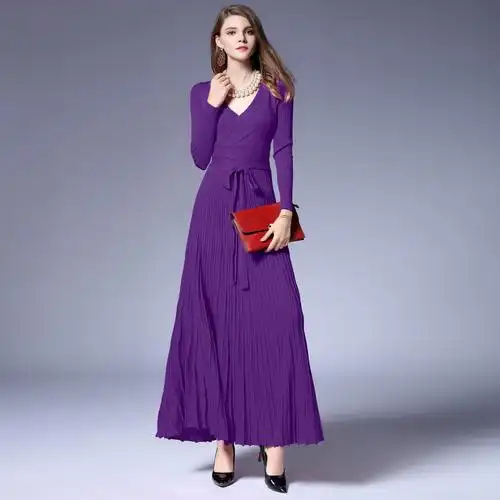 精品购 女装 欧美风格收腰显瘦超长大摆百褶连衣裙长袖v领针织长裙大