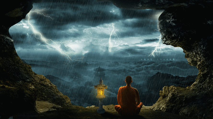 和尚 盘腿打坐 下雨 打雷 乌云 动态电脑壁纸