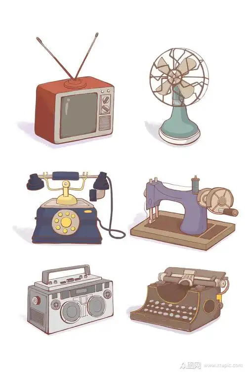 手绘卡通旧时代生活用品素材