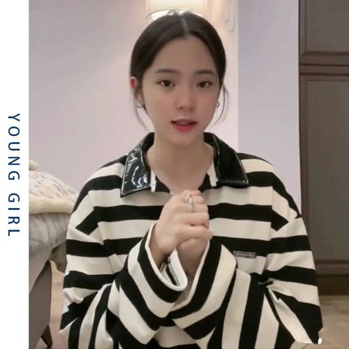 古力娜扎欧阳娜娜同款polo领女卫衣洋气条纹长袖港味复古chic上衣