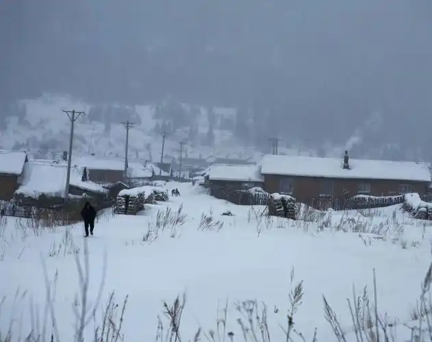 山下白雪皑皑的村庄高清图片