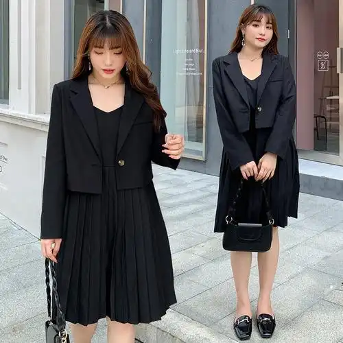 大码女装秋冬休闲套装西服外套可搭配时尚吊带褶皱吊带连衣裙2558