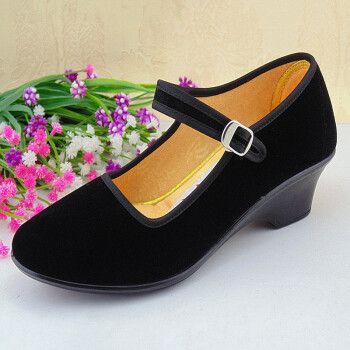 老北京布鞋女酒店服务员妈妈工作鞋一代大红色平绒舞蹈鞋子 高跟黑色