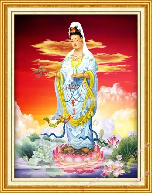 钻石画客厅方钻满钻莲花观音菩萨大幅贴魔方圆钻十字绣油画布包.