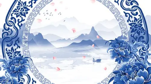 4k蓝色水墨青花瓷背景视频桃花古风桃花背景