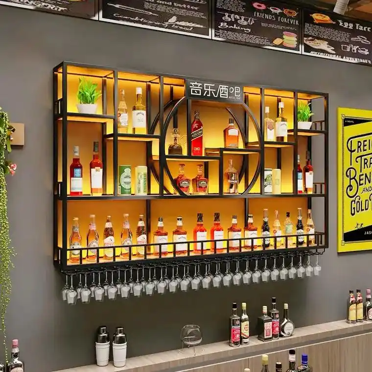 吧台酒柜靠墙壁挂式置物架工业风酒吧铁艺展