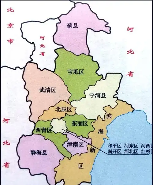 天津市行政与地形全览 天津市,简称"津",是中国北部的直辖市,总面积