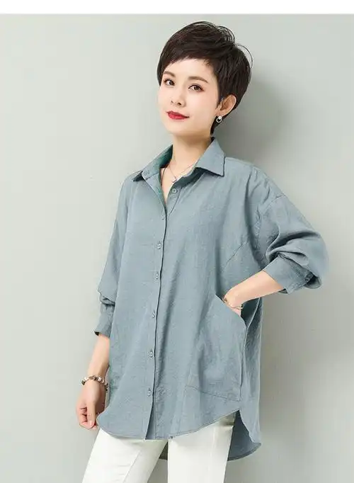 麻布衣服女棉麻衬衫女2022春装新款中年宽松洋气休闲长袖开衫上衣绿色