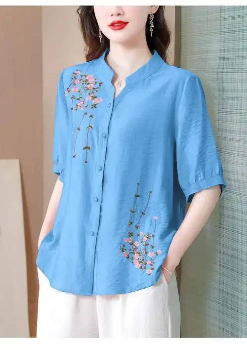 时尚绣花短袖棉麻上衣女夏季新款宽松显瘦小衫遮肚子妈妈棉麻衬衫