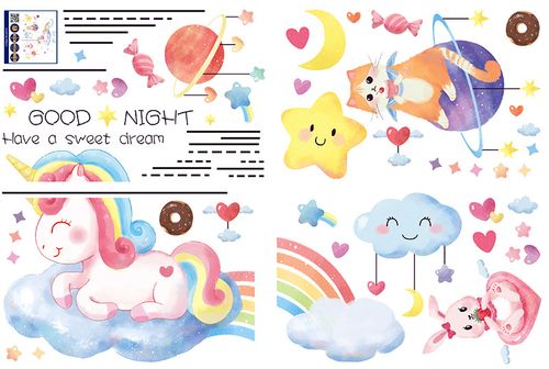 云创典 可爱卡通独角兽云朵星星吊坠墙贴 卧室玄关商用墙面美化装饰墙