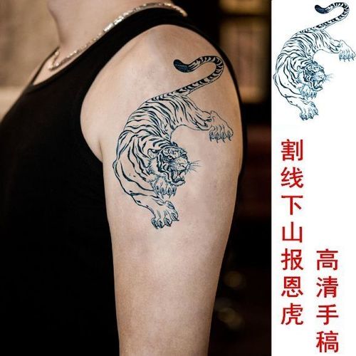 下山虎纹身贴防水男持久 线条老虎大花臂披肩膀过肩龙仿真刺青图