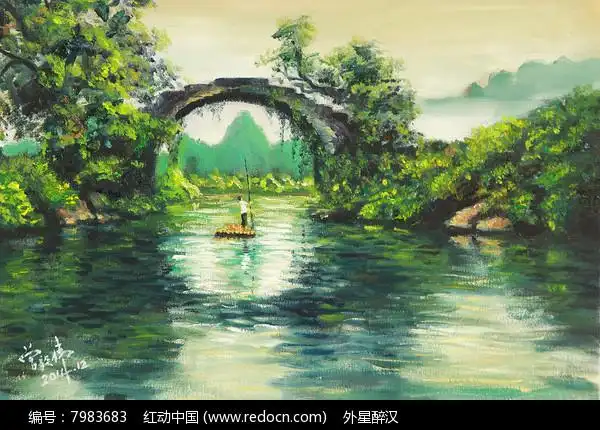 油画江南水乡小桥流水划竹排渔夫装饰画