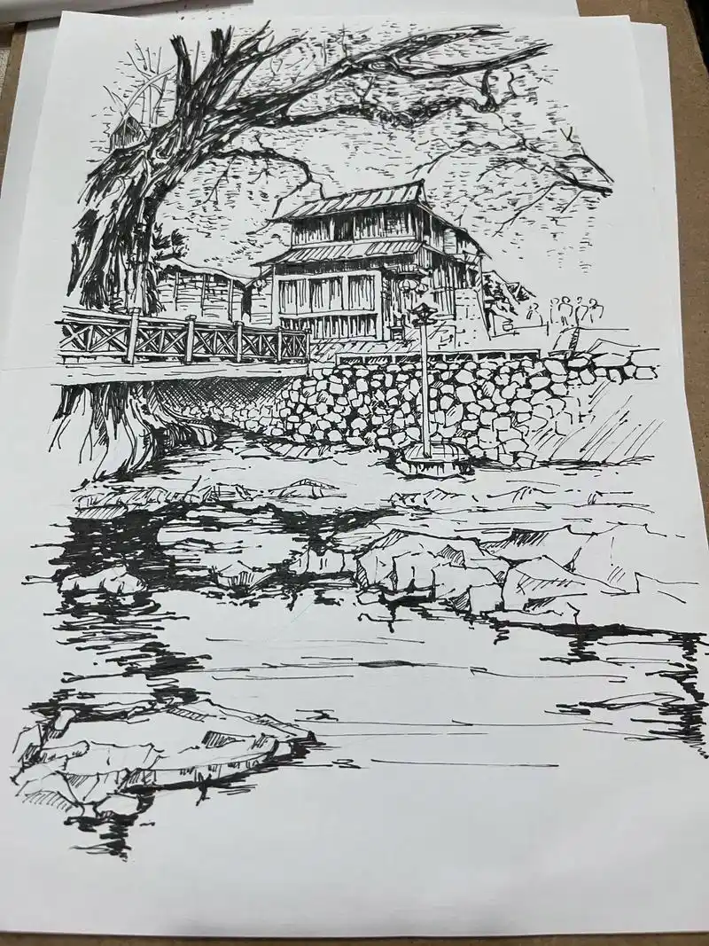 线稿临摹.#临摹 #风景画 #手绘 这幅画临摹的很慢.因为过 - 抖音