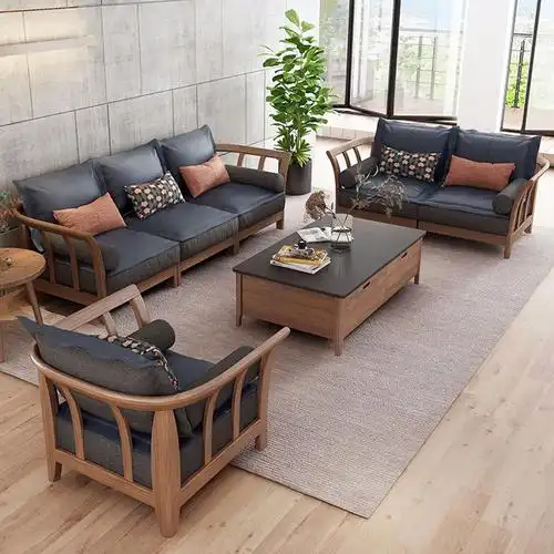 新中式实木沙发真皮简约单双三人大户型组合客厅皮沙发