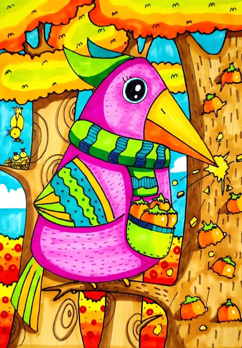 6-8岁少儿都喜欢画的《深林医生啄木鸟》马克笔儿童创意画#画 - 抖音