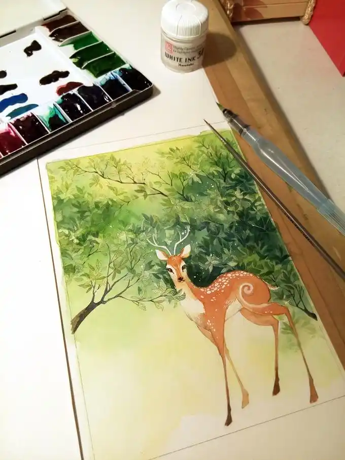 水彩插画:漂亮的梅花鹿