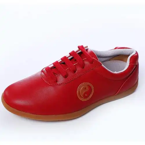 武极堂新款软牛皮太极鞋练功鞋牛皮真皮太极鞋牛筋底女男春夏款 红色