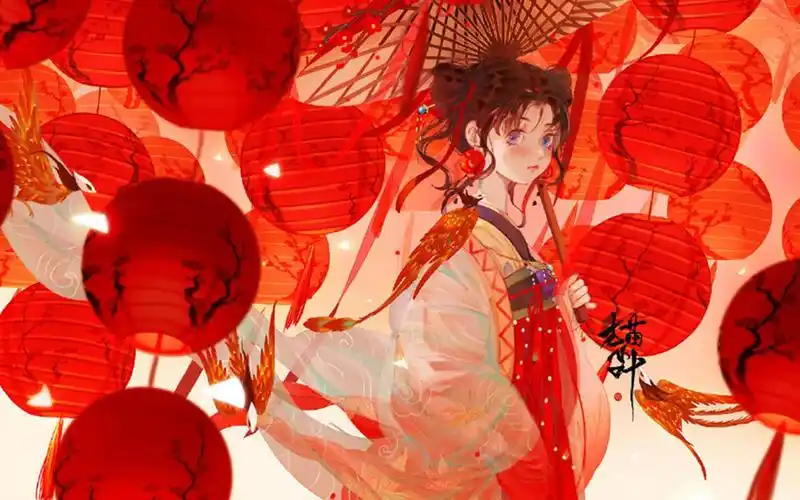 国内古风插画师猫小叶要画画的一组漂亮的古风美少女插画,画面构图