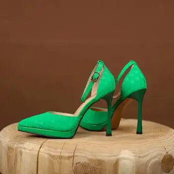 萱綺儿品牌气质优雅女神范尖头高跟鞋11厘米细跟里外全皮女鞋 绿色 34