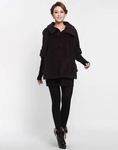 紫黑色翻领高雅假两件长袖大衣