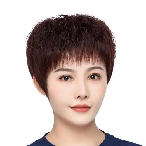 头套假发短发真人发丝烟花烫短卷发自然中老年妈妈整顶假发